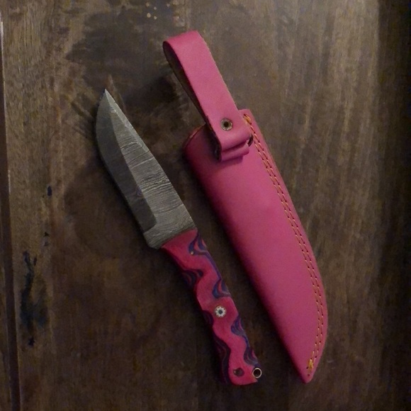 Damascus Hunting Knife Full Tang Wooden Handle Pink and Purple NWOT - Picture 2 of 8